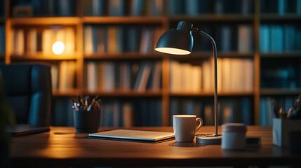 A cozy home office setup with a desk lamp, coffee cup on a modern desk, and a blurred bookshelf in the background. A perfect blend of professionalism and comfort for remote work and Zoom calls.

