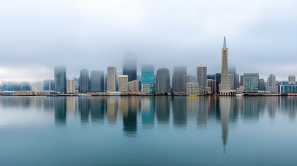 Obraz premium A foggy city skyline reflected in calm waters, showcasing modern architecture amidst a serene atmosphere.