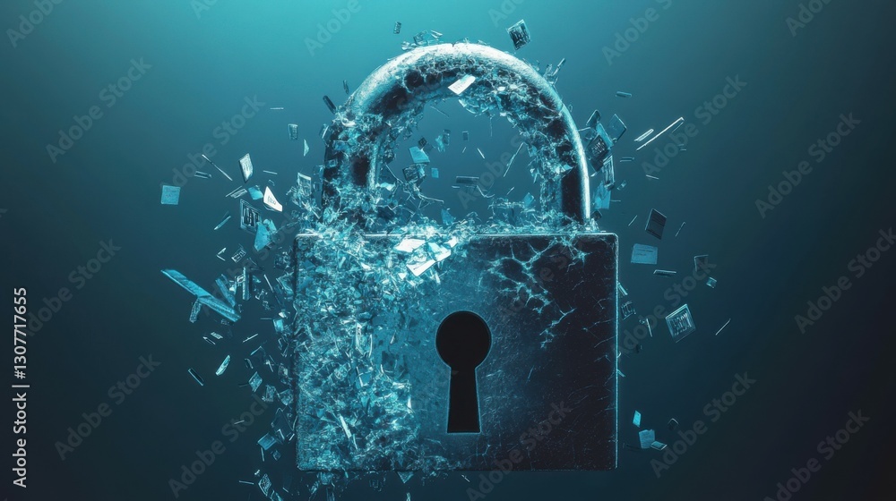 Poster broken lock: graphic design featuring a broken padlock symbolizing a breached security system, with 