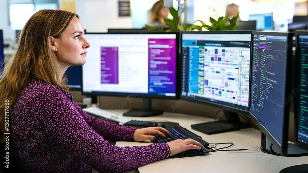 Aufkleber a female software engineer codes efficiently in a high-tech, multi-monitor workspace.