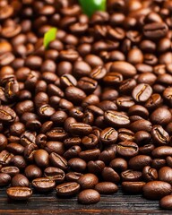Freshly roasted coffee beans on a wooden surface.