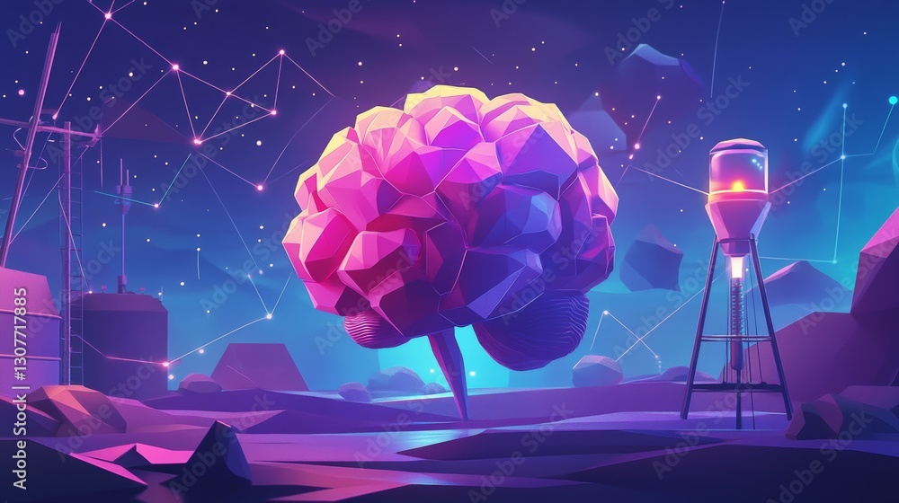 Aufkleber brain health is analyzed through neurology. graphic of low poly brain with futuristic element.