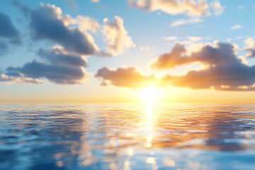 Serene ocean sunset with calm waters reflecting the golden hour sky; ideal for travel brochures or relaxation themes