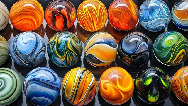Colorful collection of handmade marbles arranged on a black surface showcasing intricate designs and vibrant colors