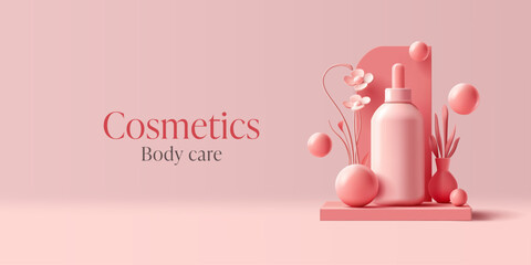 3D scene for advertising a cosmetic product. Bottle, flowers. podium, Body care. Advertising and promotion of a beauty product. Modern banner. Vector
