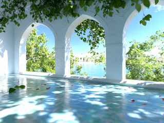 Serene Oasis Water Feature with Archways Overlooking Lush Greenery and Calm Water; Ideal for Relaxation, Spa, or Travel Brochure