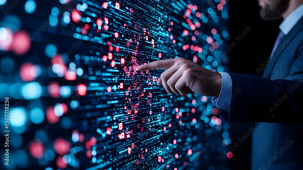 Poster businessman interacting with digital data visualization on screen