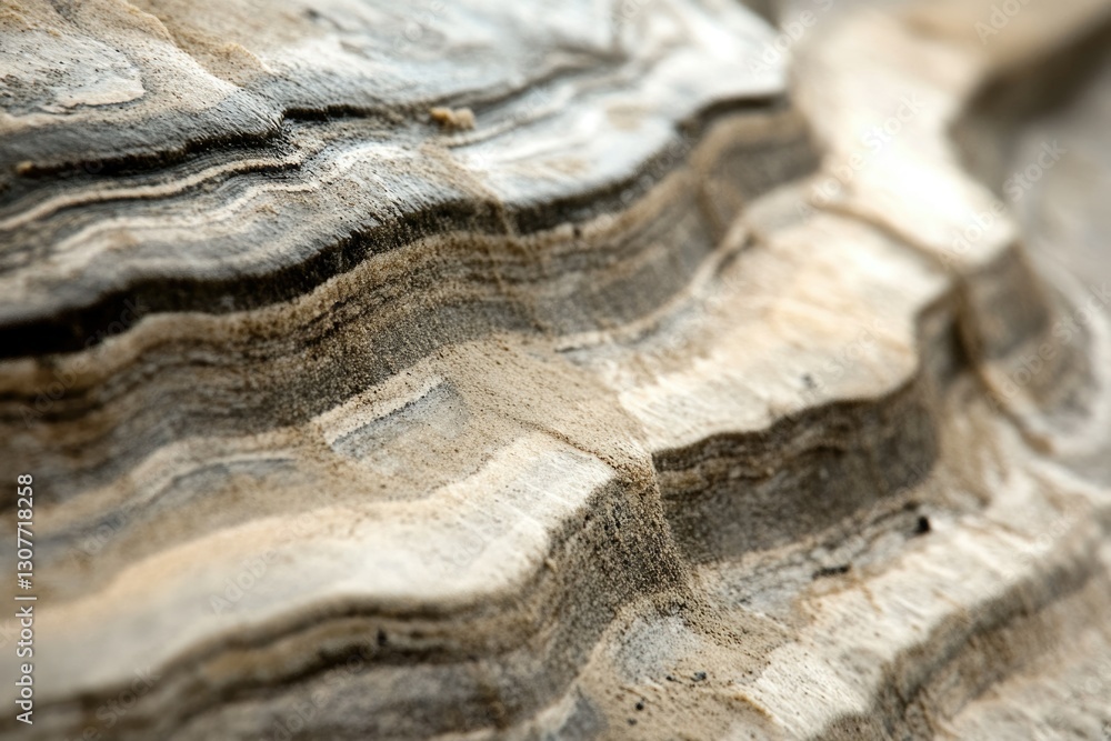 Poster close-up of layered sedimentary rock, exhibiting intricate patterns and textures formed by geologica