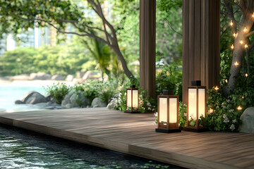 Obraz premium Serene outdoor patio with lanterns near a tranquil pool, lush greenery, and a blurred city backdrop; ideal for relaxation and wellness marketing