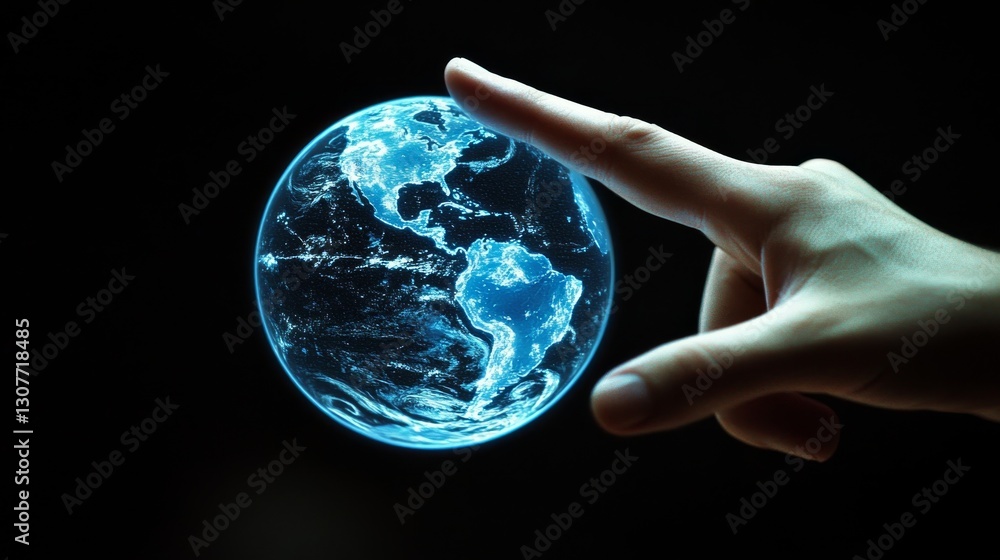 Aufkleber the world is connected by technology. a hand points to a virtual globe, showing how we share informa