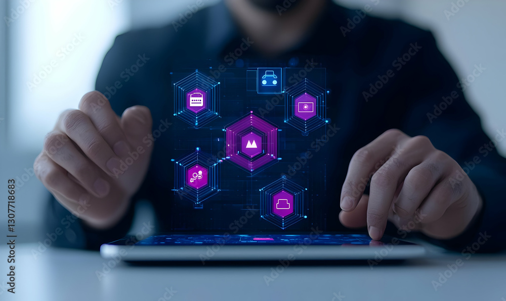 Aufkleber hands interacting with digital interface on tablet device displaying icons