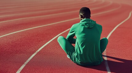 After tough run, athlete sits on the track, deep in thought, his green outfit contrasting sharply with vibrant red surface beneath him. Concept of sport, tournament, motivation, workout, competition.