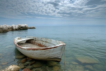 Obraz premium Tranquil Waterscape: A weathered rowboat rests gently on the edge of a tranquil body of water under a serene, cloudy sky, creating a scene of calmness and reflection.