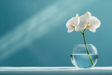Two white orchids in a clear glass vase against a teal background, serene and elegant.