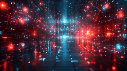Obraz premium Abstract Digital Corridor Glowing Red Blue Light. AI Generated