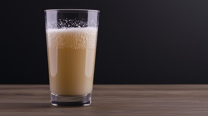 Refreshing glass of frothy cold beverage on a wooden table.