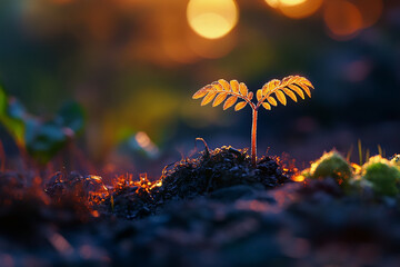 A young agriculture plant seedling emerges from rich soil, symbolizing growth and new beginnings, bathed in warm sunlight. Sustainability and nature concept.

