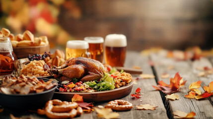 Autumn feast with roast chicken and seasonal beers on rustic table
