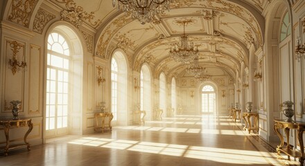 Obraz premium Grand Ballroom Sunlight - Sunlit elegant ballroom interior, perfect for events, luxury, and sophisticated settings. Rich details and high ceilings