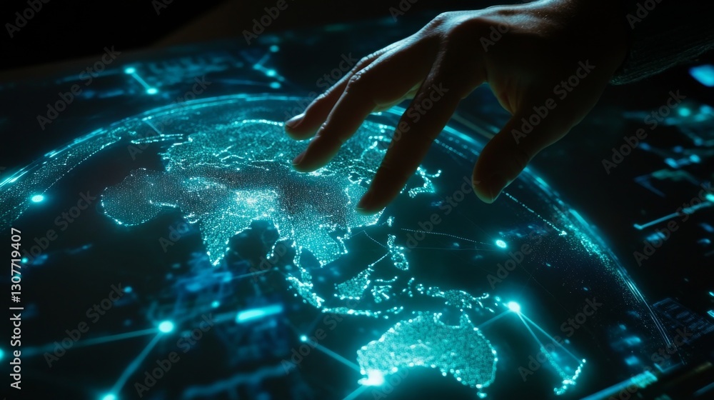 Poster the world is connected by technology. a hand points to a virtual globe, showing how we share informa