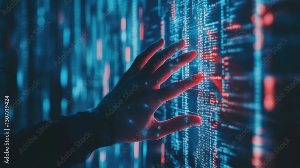 Poster cyber attack a hacker's hand reaching out from a digital screen, representing a cyber attack that le