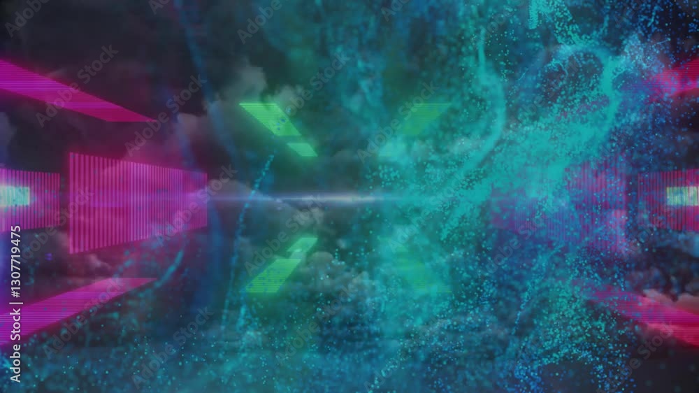 Poster animation of digital particles and neon shapes creating dynamic visual effects