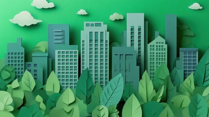 Sustainable green cityscape with modern buildings and lush foliage