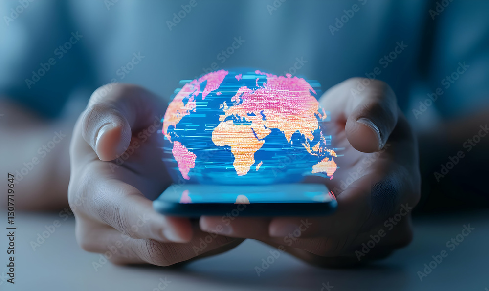 Poster hand holding device with digital globe and colorful map visualization