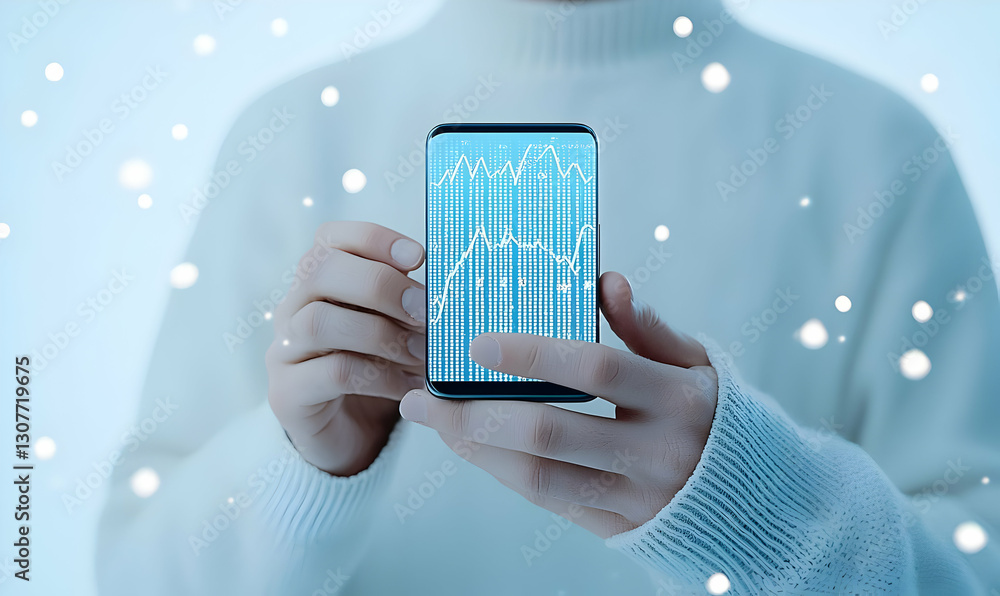 Poster user holding smartphone displaying financial graphs with snowfall