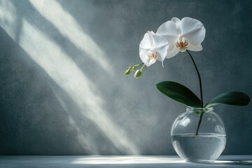 Elegant white orchid in a clear glass vase, bathed in sunlight against a textured wall.