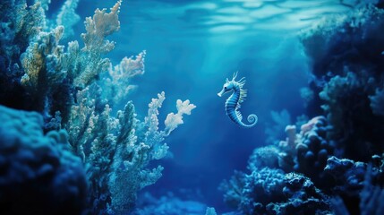 Obraz premium Enchanting seahorse swimming amidst vibrant coral reefs in blue ocean depths