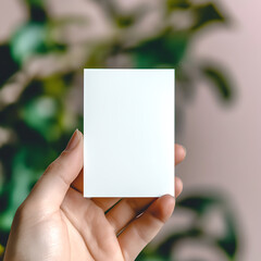 hand holding blank vertical business card mockup, visiting card mockup, white screen paper