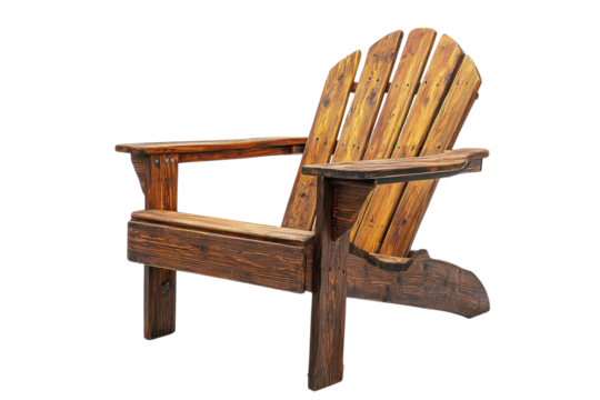 Adirondack chair made of weathered wood, showcasing rustic design and craftsmanship, ideal for outdoor relaxation in serene settings