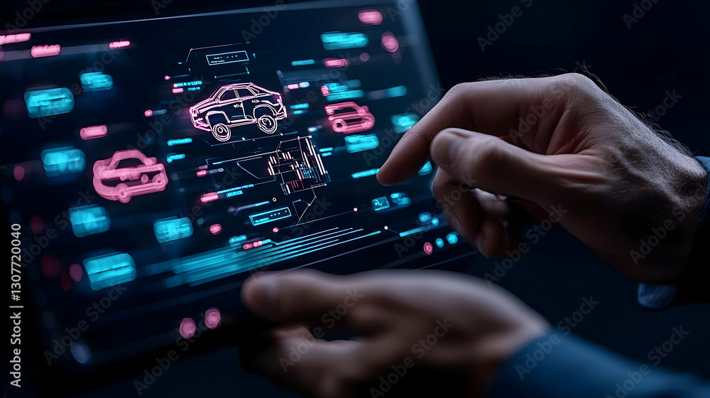 Poster futuristic interface displaying vehicle data on a touchscreen device