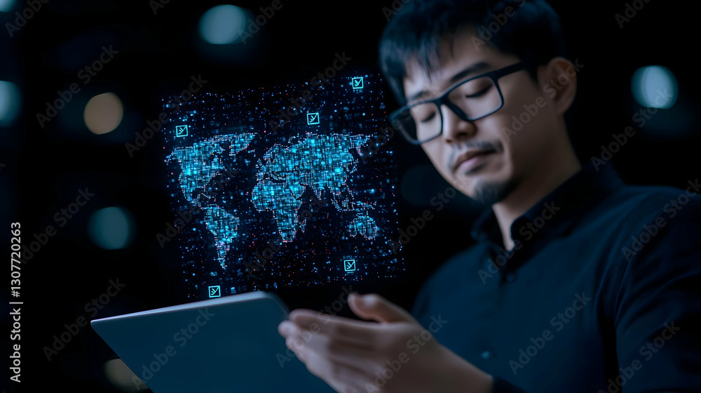 Aufkleber man interacting with digital world map on tablet in dark environment