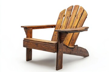 Adirondack chair made of weathered wood, showcasing rustic design and craftsmanship, ideal for outdoor relaxation in serene settings