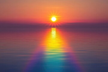 Fototapeta premium Vibrant sunset over calm ocean waters, reflecting a rainbow of colors.