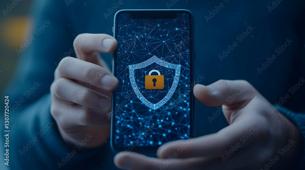 Poster secure mobile device with digital shield and lock icon displayed