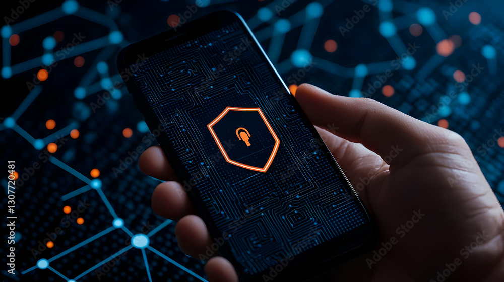 Poster secure mobile device with cybersecurity symbol and digital background