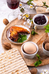 Traditional Passover Seder plate with symbolic foods. Symbolic of Jewish holiday Pesah.