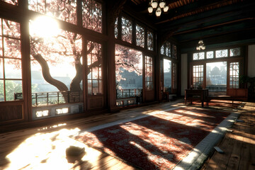 Fototapeta premium Serene sunrise view from a traditional Asian home's sunroom, overlooking a blossoming cherry tree and distant cityscape; ideal for tranquility, peace, and home design concepts