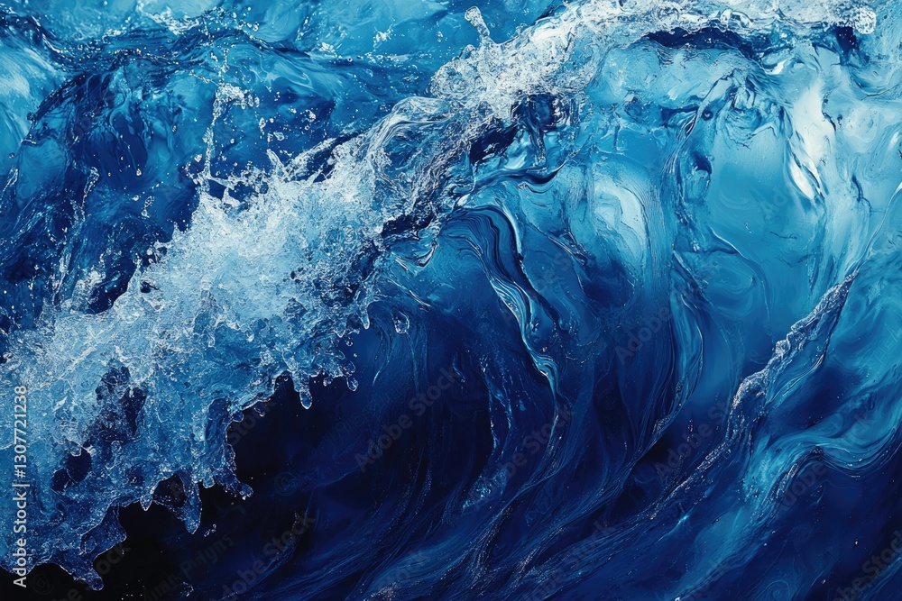 Poster abstract close-up of a powerful ocean wave, showcasing its dynamic texture and shades of blue.