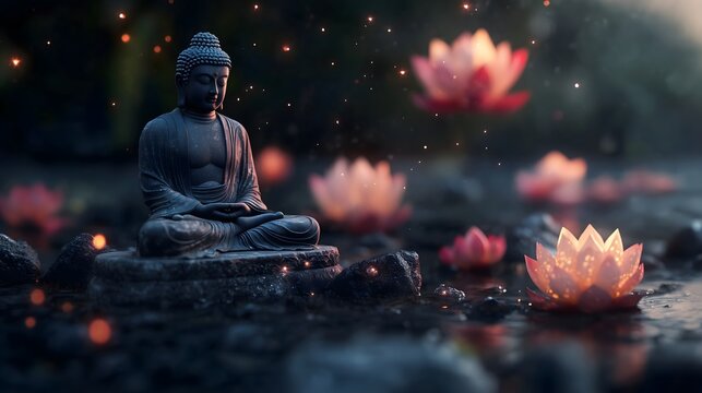 Buddha statue in meditation pose surrounded by lotus flowers and cosmic background. Spiritual scene with blue nebula, glowing elements. Zen, Buddhist holidays, meditation retreat. Horizontal banner