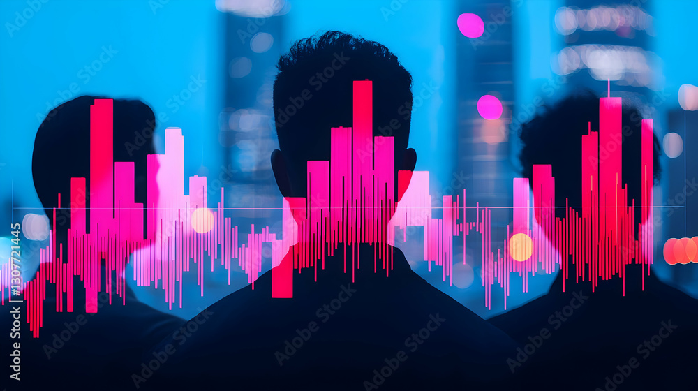 Aufkleber silhouetted figures overlaid with abstract data visualization chart