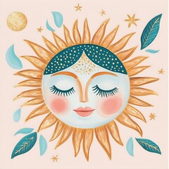 Decorative sun face with closed eyes and celestial elements. Bohemian style illustration with teal leaves, golden stars. Summer solstice, wellness retreats, meditation practices. Square banner.