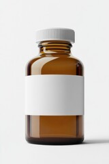 Blank label brown glass bottle with white cap on light background, mockup, advertisement, blank
