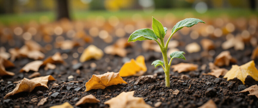 Sprouting seedling emerging from soil against autumn leaves