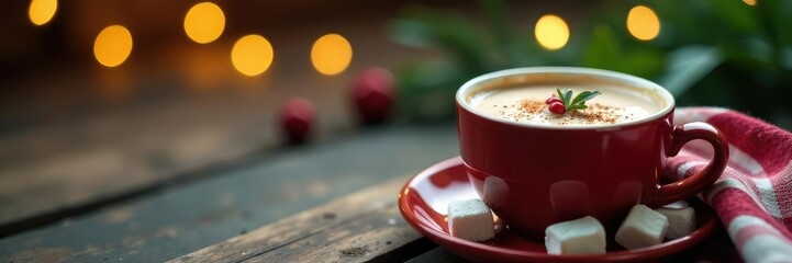 A delicate sprig of holly with a cup of hot chocolate and marshmallows nearby, cozy, peaceful
