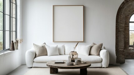 Fototapeta premium Grunge old accent coffee table near white sofa against arched window and white wall with big art poster frame. Minimalist, art deco interior design of modern living room, home.