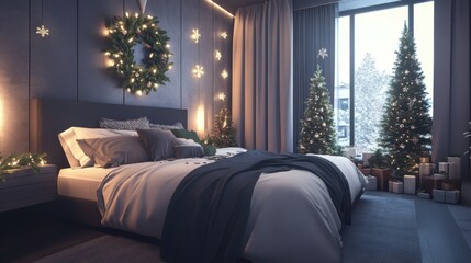 Stylish interior of modern bedroom with Christmas trees and mistletoe wreathes. Different color pattern
